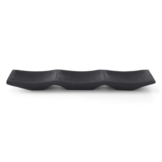 32.5 Inch Black Carved Rectangular Paulownia Wood Divided Tray - LAST ONE